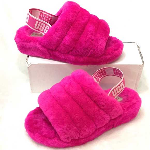 UGG FLUFF YEAH LAMB FUR HOT PINK SLING BACK PEEP TOE SLIPPERS SZ 7 - Picture 2 of 14